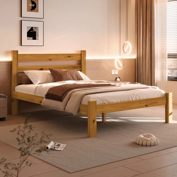 Quarto conceitual com cama, mesas de cabeceira e guarda-roupa de madeira
